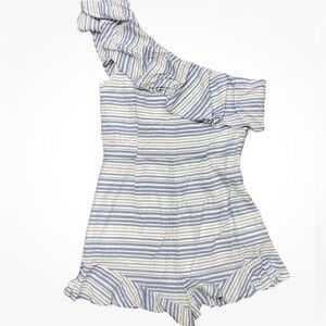 BB Dakota Sz 10 Romper Colleen One Shoulder Striped Blue White New Ruffles